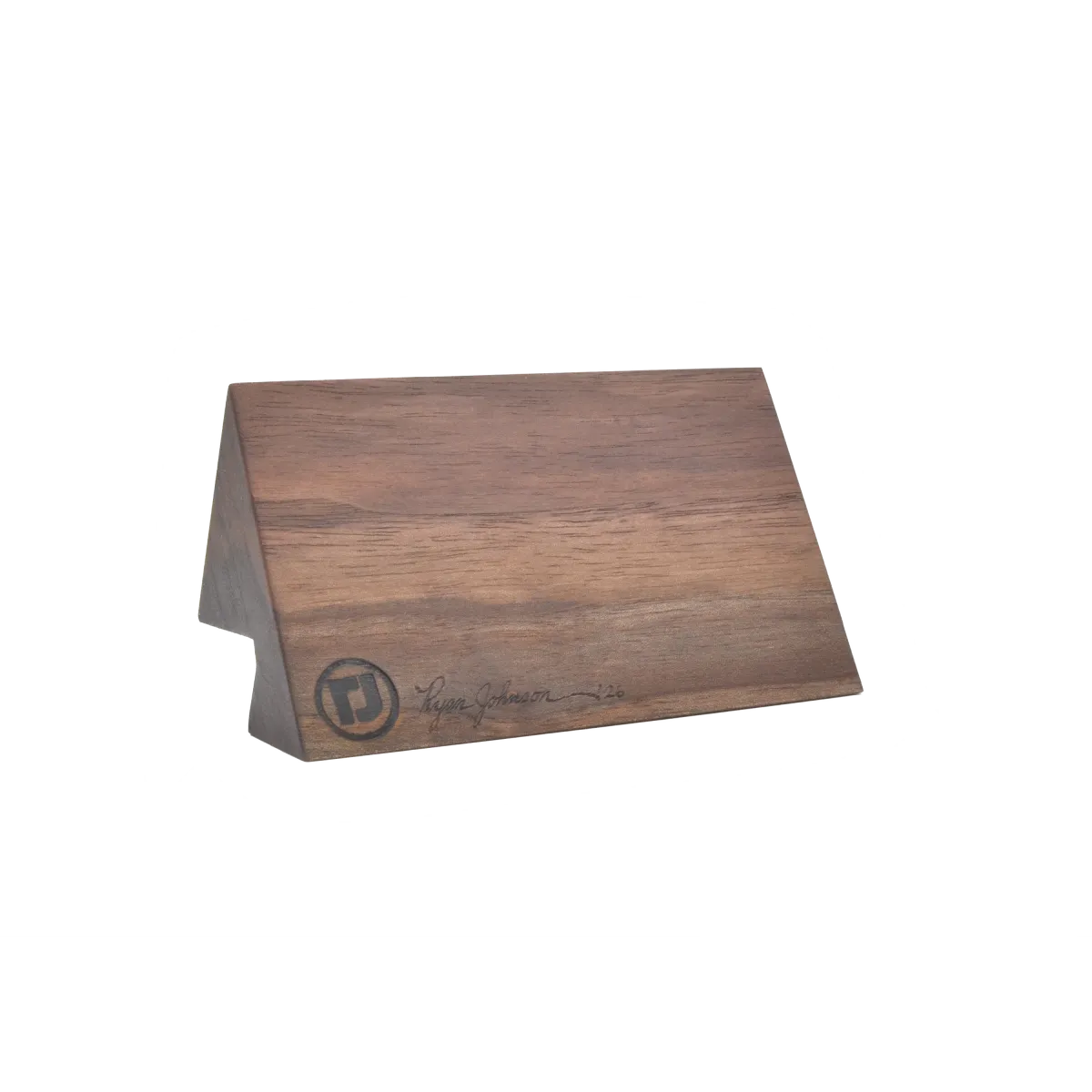 Bottom of walnut business card holder with signature
